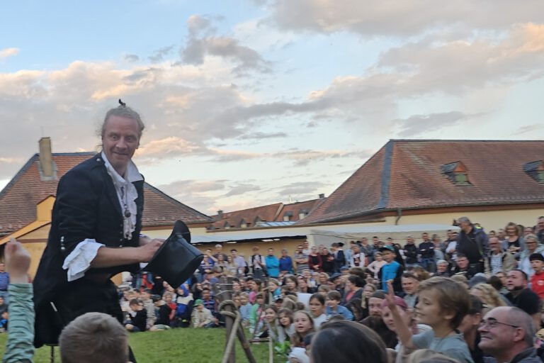 Zauberkünstler Jan Gerken bei einer Mittelalter-Zaubershow in Seligenstadt, Hessen